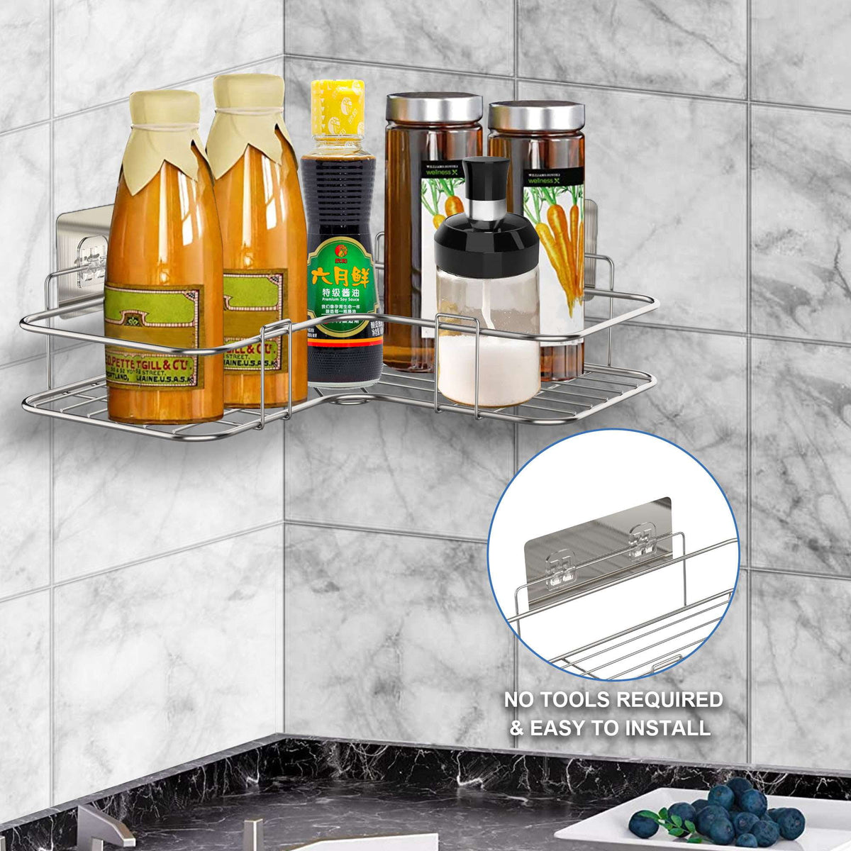 Shower Caddy Basket Bathroom Organizer Shelf with Hooks, Rustproof Stainless Steel No Drilling Wall Mounted Storage R... - Image 6