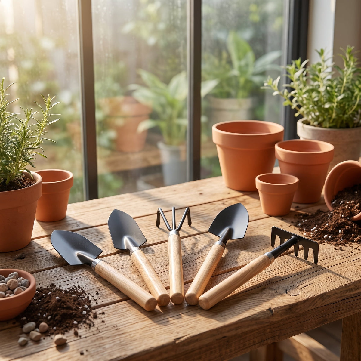 6 Pcs Garden Tool Set, Wood Handle Trowel Transplanter Rake for Indoor Potting & Transplanting - Image 6