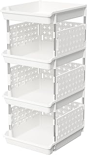 Lifewit Plastic Stackable Storage Baskets, 4 Tier Stacking Bins for Food and Clothes, Multifunctional Organizer for RV, Kitchen, Playroom, Pantry and Bathroom, 13.8"D x 11.8"W x 28.3"H, 1 Pack, White