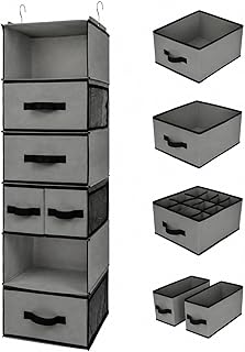 GRANNY SAYS Hanging Closet Organizer 6 Shelves, Closet Organizers and Storage with 5 Drawers, 6 Side Pockets Closet Hanging Organizer, Hanging Storage Organizer for Closet, Baby Clothes, Gray