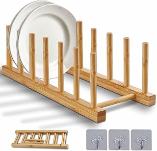 Bamboo Dish Rack, Stylish Vertical Wooden Plate Holder & Drainer, Multi-Purpose Kitchen Cabinet Organizer for Dishes, Pots, Lids, Bowls, Cups & Cutting Boards