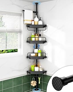 ALLZONE Corner Shower Caddy Tension Pole, Extendable Rustproof Stainless Steel Pole & 4-Tier Adjustable Shelves for Easy Drainage and Built-to-Last Stability, 34 to 116 Inches, Black