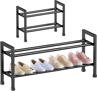Abiglifty 2-Tier Expandable Shoe Rack,17"-33" Adjustable Shoe Rack for Closet,Metal Shoes Shelves for Front Door Entrance, Garage & Corridor, Free Standing Shoe Holders, Easy to Assemble,Black