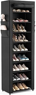 VILICK Shoe Rack with Cover Narrow Shoe Organizer with 4 Side Pockets 10 Tier Tall Shoe Storage Holds 18-22 Pairs Shoes and Boots Shoe Rack for Closet Entryway Garage