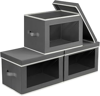 Homsorout Storage Bins with Lids - Fabric Storage Boxe with Window, Collapsible Closet Organizers with Handles, 3 Pack Decorative Bin, Home Cubes Baskets for Clothes, Hat, Books, Dark Grey