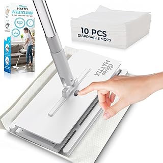 FlexiClamp Sweep & Mop Kit - Compatible with Swiffer Pads, Durable Cleaning Tool for Hardwood, Tile, Marble & Laminate Floors, Home, Kitchen Cleaning Essentials. (Include 10 Dry Cloths)