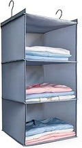 Hanging Closet Organizer 3-Shelf, Oxford Fabric Wardrobe Storage, Gray | Easy-mount foldable design holds clothes, handbags, shoes & accessories; washable Oxford fabric, sturdy and space-saving.