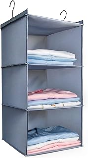 Hanging Closet Organizer 3-Shelf, Oxford Fabric Wardrobe Storage, Gray | Easy-mount foldable design holds clothes, handbags, shoes & accessories; washable Oxford fabric, sturdy and space-saving.