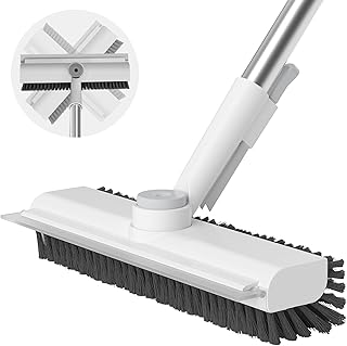 Floor Scrub Brush with Long Handle, 3 in 1 Scrape and Heavy-Duty Stiff Bristle Scrubber Brush Broom for Cleaning Shower Bathroom, Patio, Pool, Garage, Kitchen, Wall and Deck (White, 1 Pack)