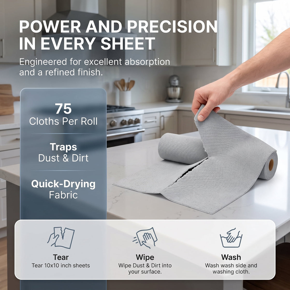 75-Pack Cloth Roll, Reusable Tear-Away Washable Towels, Ultra Absorbent Rags for Car, Home, Garage & Shop (Grey) - Image 5