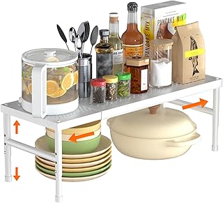 HI NINGER Expandable adjustable stackable kitchen organizer,Spice Racks,Counter Shelf for Cabinets,Small Cupboard Organizers,Heavy Duty Metal Pantry Storage Shelves Racks for kitchen,cabinet