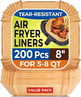 Air Fryer Paper Liners, 200pcs Air Fryer Liners Disposable, 8" Square Baking Paper Liner for 5-8 qt Airfryer Basket, Non-stick and Oil Proof Parchment Paper for Oven, Pans & Baking