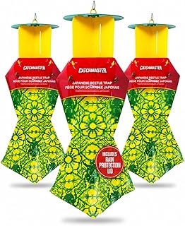 Catchmaster Japanese Beetle Traps w/Rain-Proof Cap 3-Pack & Dual Lure, Beetle Bag Trap, Hanging Beetle Catcher, Pest Control for Backyard & Garden, Plants, Trees, Vegetables & Flowers