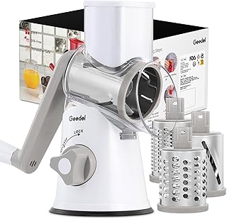 Geedel Rotary Cheese Grater, Kitchen Mandoline Vegetable Slicer with 3 Interchangeable Blades, Easy to Clean Rotary Grater Slicer for Cheese, Vegetables, Nuts