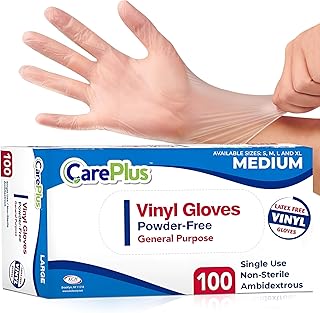 CARE PLUS Latex-Free Vinyl Gloves Clear Medium Size 100 Count | Heavy Duty, Non-Sterile, Powder-Free, Rubber | Food Prep, Kitchen & Cleaning Gloves, Ideal for Professional Use