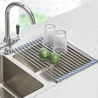 Seropy Roll Up Dish Drying Rack, Over the Sink Dish Drying Rack Kitchen Rolling Dish Drainer, Foldable Sink Rack Mat Stainless Steel Wire Dish Drying Rack for Kitchen Sink Counter Storage 17.5x11.8