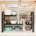 Expandable Under Sink Organizer, 2 Tier Under Sink Shelf with 2 Removable Baskets and 6 Removable Panels for Cabinet Sink Cloakroom Wardrobe Closet Storage(Black, 17.71”-32”Length
