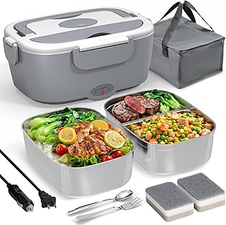 Sitlais Electric Lunch Box for Adults - Fast Heating Portable Food Warmer with 2 of 53oz 304 Stainless Steel Containers 12V/24V/110V Heated Lunch Box for Men&Women Work Office Truck Travel lonchera