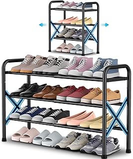 YEASHEIN 3-Tier Expandable Shoe Rack for Closet Floor, X-Frame Metal Small Shoe Rack for Entryway, Adjustable Shoe Shelf Organizer, Free Standing Shoe Racks for Front Door Entrance, Garage - Black