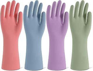 Rubber Cleaning Gloves for Dishwashing, 4 Pairs Reusable Kitchen Gloves for Washing Dishes and Household Cleaning, Colorful Dish Gloves with Flocked Lining and Non-Slip Grip, Pefect for Woman Men - M