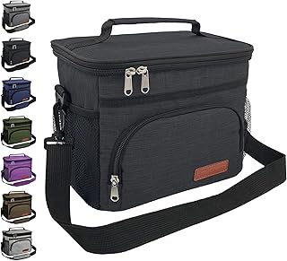 ExtraCharm Insulated Lunch Bag for Women/Men - Reusable Lunch Box for Office Picnic Hiking Beach - Leakproof Cooler Tote Bag Organizer with Adjustable Shoulder Strap for Adults - Black