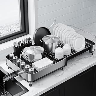 Kitsure Dish Drying Rack - Expandable Stainless Steel Dish Racks for Kitchen Counter, Auto-Drain Drying Rack for Kitchen with Cutlery Holder & Non-Slip Feet, 16.1-26.6" L x 12.6" W, Black