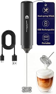 Rechargeable Milk Frother Handheld, 2-IN-1 Dual Spring Whisk Electric Frother Wand for Cappuccino Latte Macchiato, Portable Drink Mixer for Coffee, Matcha, Hot Chocolate