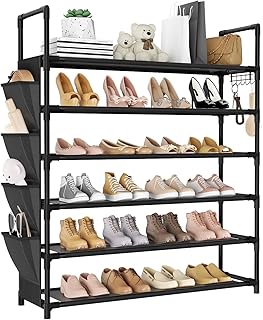 LANTEFUL 6 Tier Shoe Rack, Shoe Organizer Storage for 24-30 Pairs Shoe and Boot, Long Shoe Shelf with Hook and Side Pocket Free Standing Tall Shoe Rack Organizer for Closet, Entryway, Dorm
