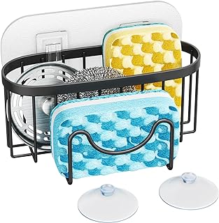 HapiRm Multifunctional Sponge Holder with Unique M-Shaped, 2 Installation Methods Kitchen Sink Caddy Organizer, Rustproof Stainless Steel Kitchen Organizers and Storage Essentials - Black