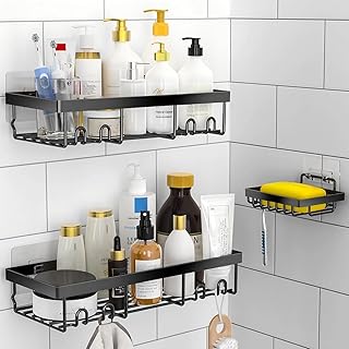 Moforoco 3-Pack Shower Caddy Basket Shelf with Soap Holder, No Drilling Traceless Adhesive Shower Wall Shelves, Rustproof Black Bathroom Shower Storage Organizer