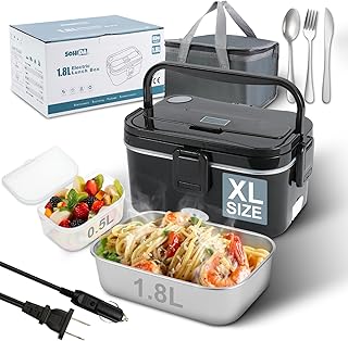 SOHIDA 1.8L+0.5L Heated Lunch Box for Men, 80W Electric Lunch Box with Long-handled Utensils for Adults, 12V/24V/110V Lonchera Eléctrica Portátil, Portable Food Warmer for Car/Truck/Office (Black)