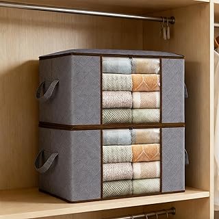 2 Pack Storage Bags, 90 L Clothes Storage Bins, Foldable Closet Organizers Containers for comforter Clothing Blanket Pillows Organization with Handle, Gray