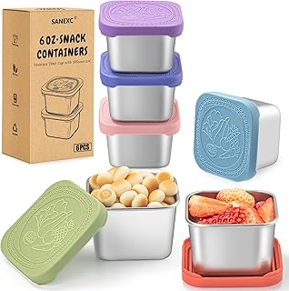 SANEXC 6 Oz Stainless Steel Snack Containers for Kids - 6 Pack Metal Food Containers with Lids Silicone Easy Open 100% Leak Proof BPA Free Reusable Baby Lunch Box for Daycare Travel and Office