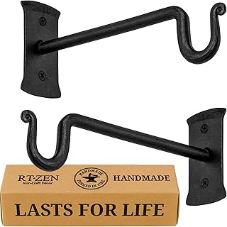 RTZEN Plant Hangers Outdoor or Indoor - Wrought Iron Metal Hanger Indoor Hook - Heavy Duty Wall Bracket Hooks for Hanging Plants Baskets Lanterns Bird Feeders - 2 Pack (Black Shepherds Hooks 7.5")