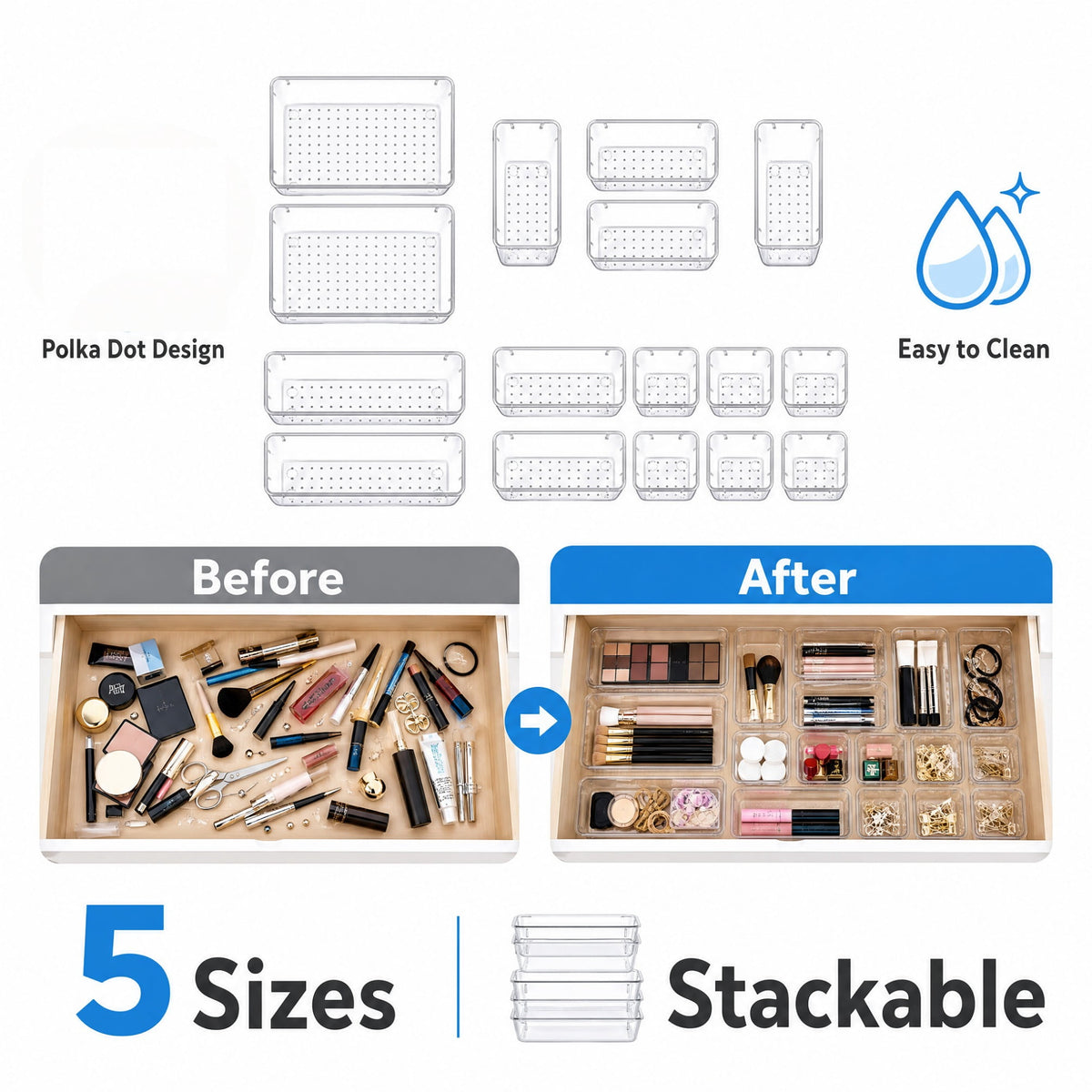 16-Piece Organizer Set, Clear Plastic Makeup Organizer Trays for Desk, Office and Bathroom - Image 3