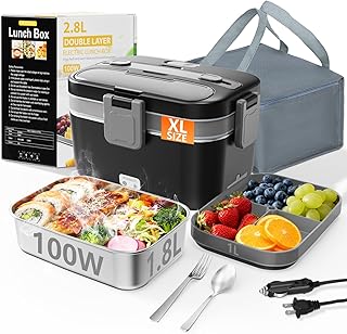 Electric Lunch Box for Adults, 2.8L Double Layer 100W Fast Heated Lunch Box, Heating Food Heater Warmer for Home Office Car Truck Use, Extra Large Lonchera Electrica Portátil 12/24V/110-230V, Black