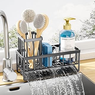 Kitsure Sponge Holder for Kitchen Sink - Rustproof Stainless Steel Sink Caddy Organization and Storage Essentials with High Brush Holder, Home Decor Accessories, 7.9" x 3.7" x 6.2", Black