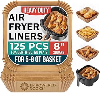 Cathy Yoder's AirFryer Paper Liners, 125 PCS 8-inch Square Air Fryer Liners Disposable, Premium, Food-Grade Easy Cleanup Air Fryer Parchment Paper Sheets, Airfryer Liner for 5-8QT, Baking & Roasting