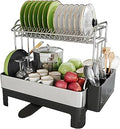 BOOSINY Extra Large Two Tier Stainless Steel Dish Drainer Drying Rack with Drainboard for Kitchen Counter, Modern Black and Silver, Rust Proof Metal, Space Saving Countertop Big Plate Dryer and Tray