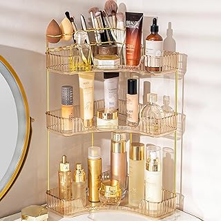 NATURE'S SOURCE Makeup Organizer for Vanity, 3-Tier Corner Bathroom Organizer Countertop with Makeup Brush Holder, Bathroom Counter Storage for Dresser-Amber Gold