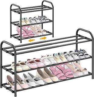 Hleelomi 3-Tier Expandable Shoe Rack,Adjustable Shoe Shelf Storage Organizer Heavy Duty Metal Free Standing Shoe Rack for Entryway, Closet,Living Room,Dorm,Black