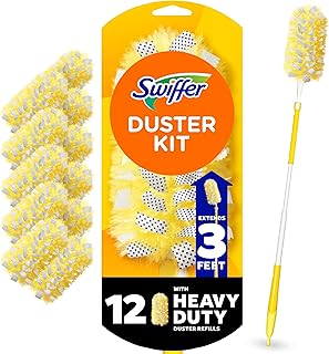 Swiffer Duster Kit with 3 ft Extendable Handle, Dusters for Cleaning, Set Includes 1 Extension Pole and 12 Heavy Duty Dusting Refills Dust Cleaner, Long Extended Wand for Ceiling Fans and Walls