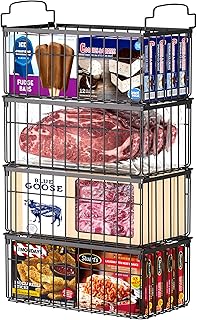 MSERCUOR Freezer Organizer Bins, 4 Pack Stackable Deep Chest Freezer Organizer Bins, Foldable Baskets with Handles, Black Storage Container Baskets for 5/ 7 Cu.FT Deep Freezer Sort Frozen Meats