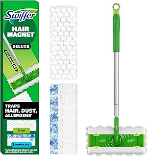 Swiffer Hair Magnet Deluxe Starter Kit with Collapsible Pole, 9 Hair Magnet Dry Cloths, 2 Bonus Mop & Go Wet Cloths
