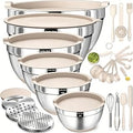 Mixing Bowls with Airtight Lids Set, 26PCS Stainless Steel Khaki Bowls with Grater Attachments, Non-Slip Bottoms & Kitchen Gadgets Set, Size 7, 4, 2.5, 2.0,1.5, 1QT, Great for Mixing & Serving