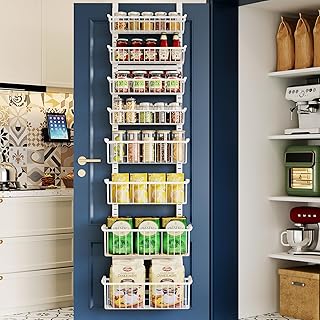 Over The Door Pantry Organizer, 8-Tier Over The Door Organizer with Adjustable Baskets, Metal Hanging Spice Rack for Pantry Organizers and Storage, Suitable for Kitchen Laundry Room & Bathroom, White