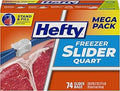 Hefty Slider Quart Freezer Bags, 74 Count, Quart Slider Bags for Freezer, Holds Individual Leftovers, Sliced Fruits and Veggies, and More, Writable Label, Secure Zip and Click Closure