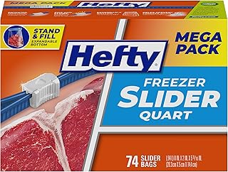 Hefty Slider Quart Freezer Bags, 74 Count, Quart Slider Bags for Freezer, Holds Individual Leftovers, Sliced Fruits and Veggies, and More, Writable Label, Secure Zip and Click Closure