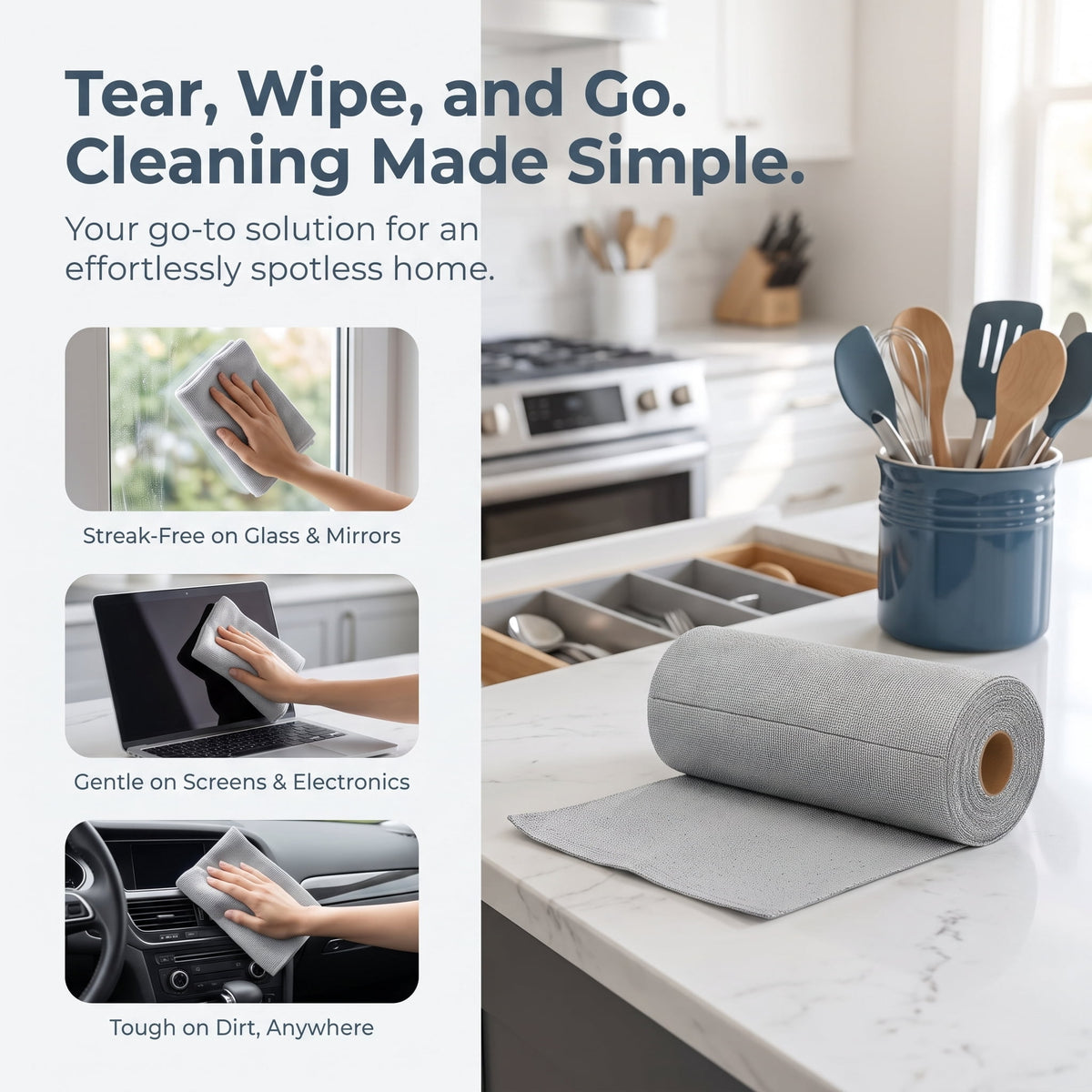 75-Pack Cloth Roll, Reusable Tear-Away Washable Towels, Ultra Absorbent Rags for Car, Home, Garage & Shop (Grey) - Image 4