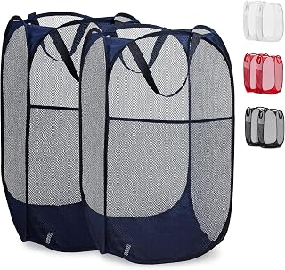 Handy Laundry Collapsible Mesh Pop Up Laundry Hamper 2-Pack – Large Foldable Laundry Basket with Side Pocket, Breathable & Durable, Space-Saving for Clothes, Toys, Travel, Dorm, Bedroom, Blue